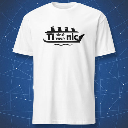 White T-shirt with a black Titanic ship design using Ti, sin θ over cos θ, and nic.