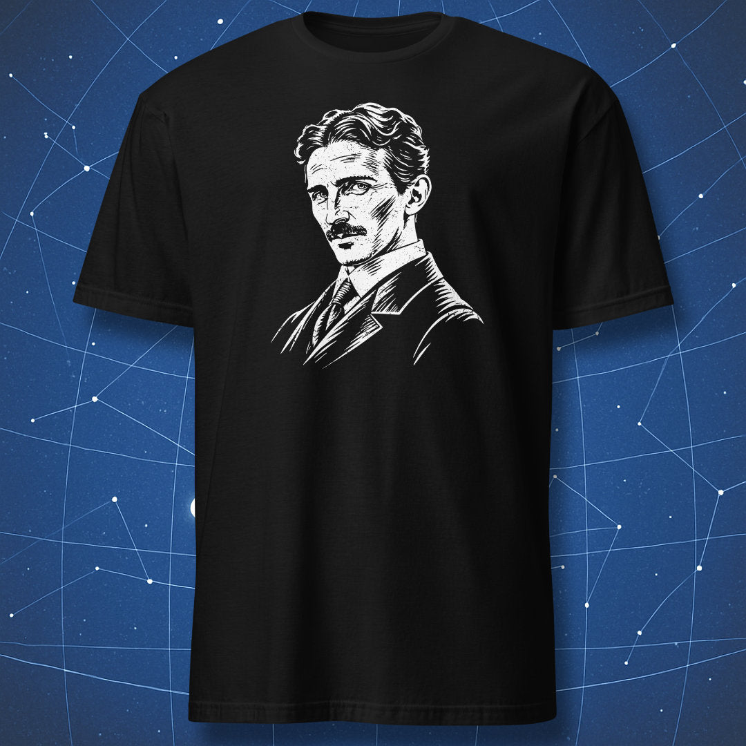 Black T-shirt with a white portrait of Nikola Tesla on the chest