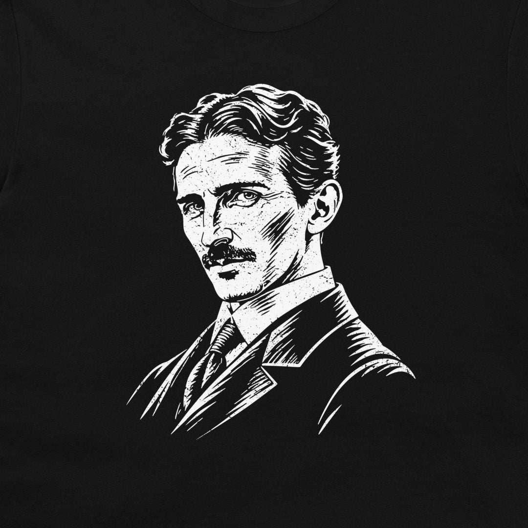 Close-up of the white Nikola Tesla portrait on a black T-shirt
