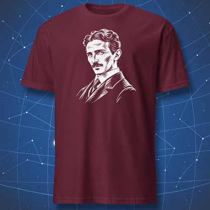 Maroon T-shirt with a white portrait of Nikola Tesla on the chest