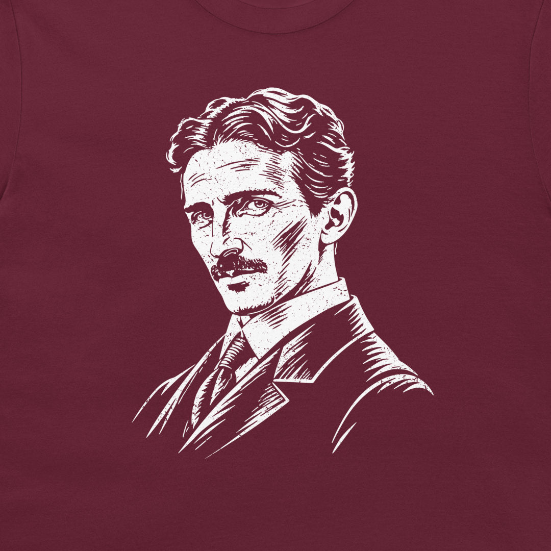 Close-up of the white Nikola Tesla portrait on a maroon T-shirt