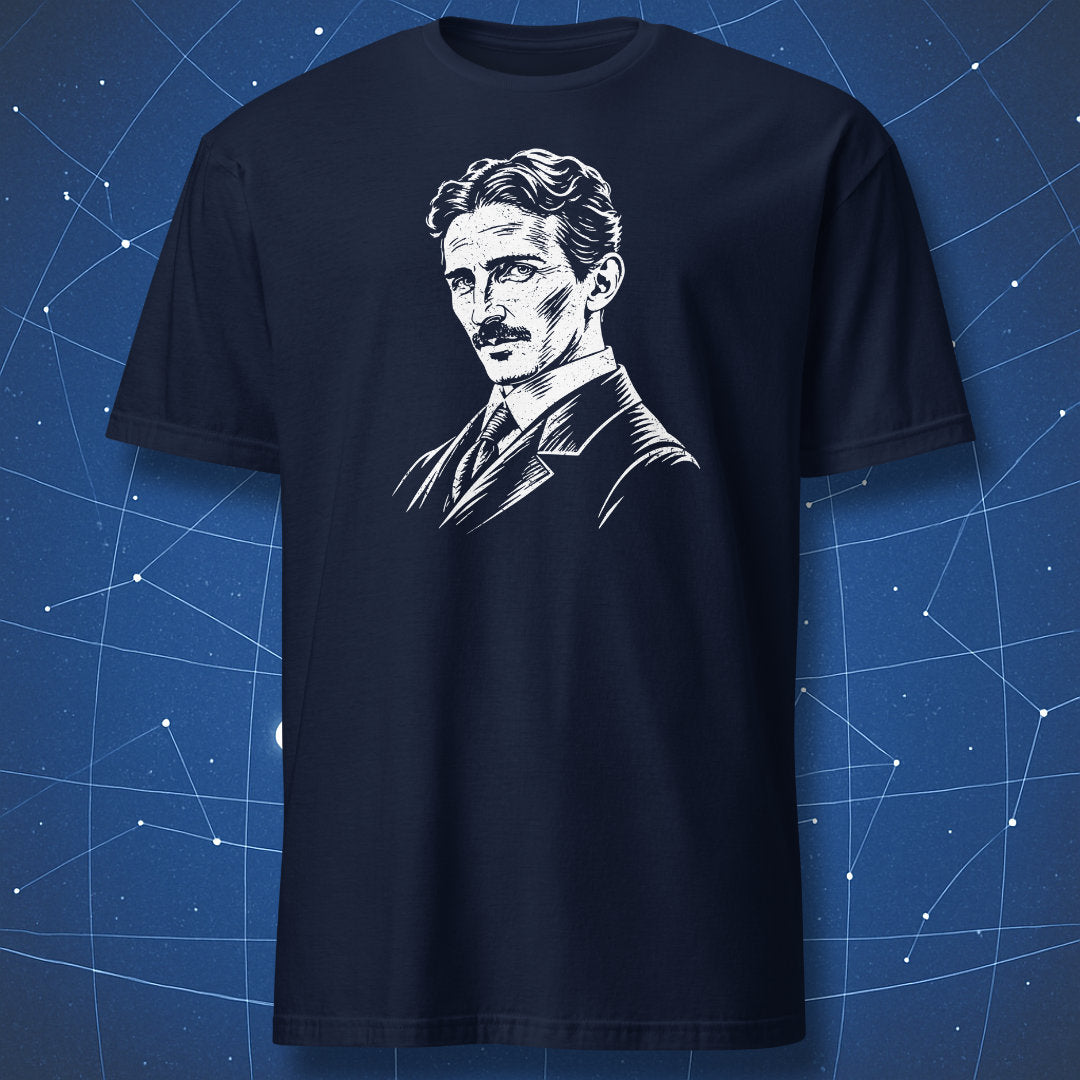 Navy T-shirt with a white portrait of Nikola Tesla on the chest