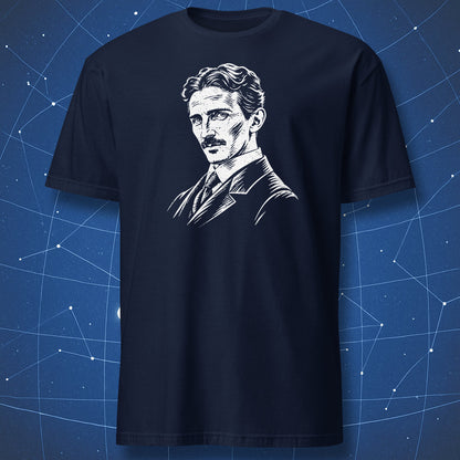 Navy T-shirt with a white portrait of Nikola Tesla on the chest