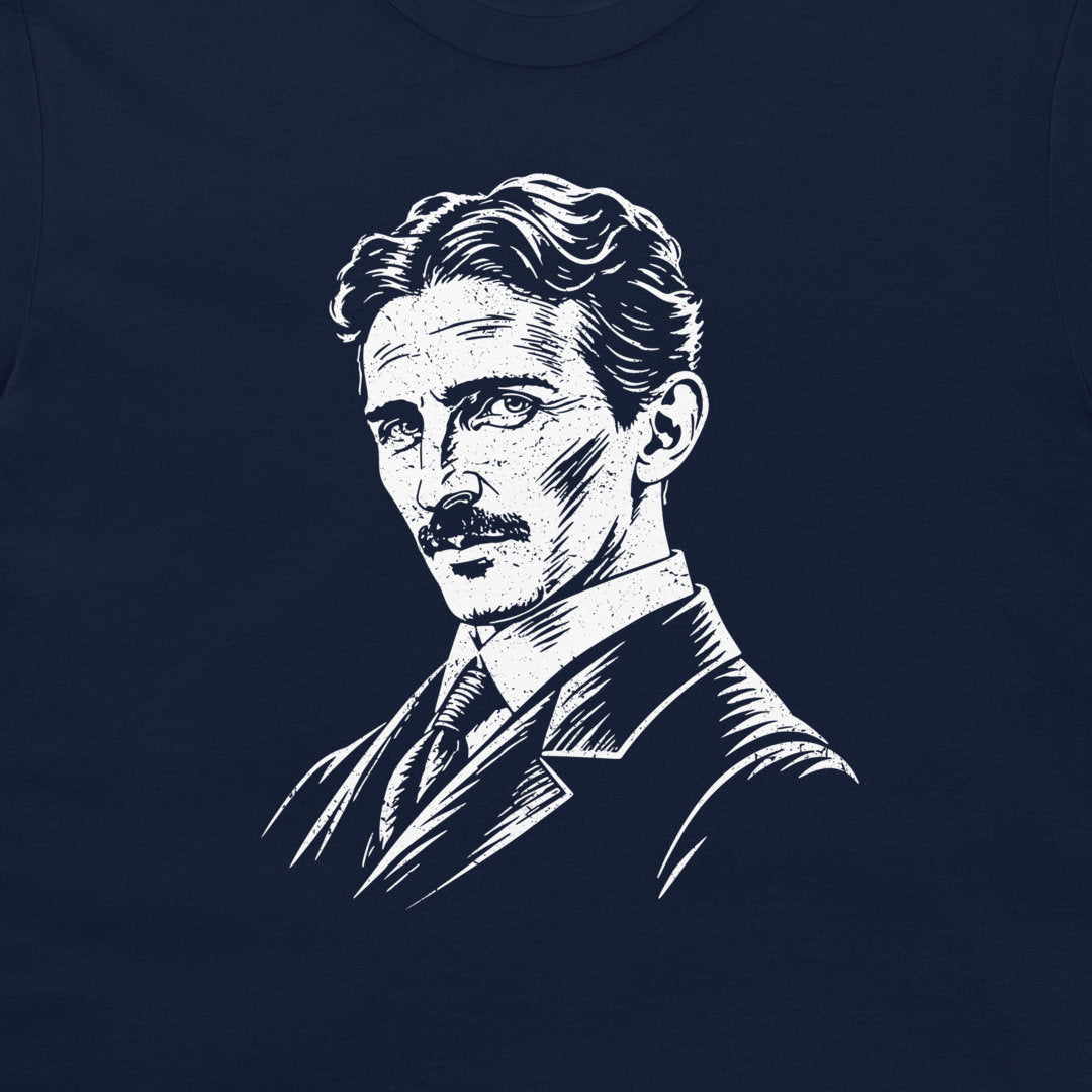 Close-up of the white Nikola Tesla portrait on a navy T-shirt