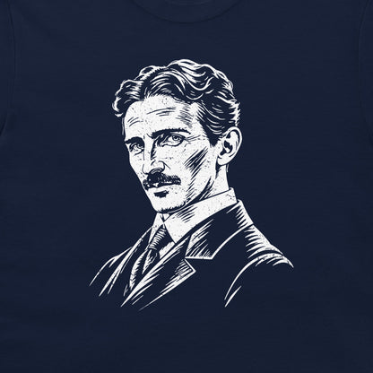 Close-up of the white Nikola Tesla portrait on a navy T-shirt