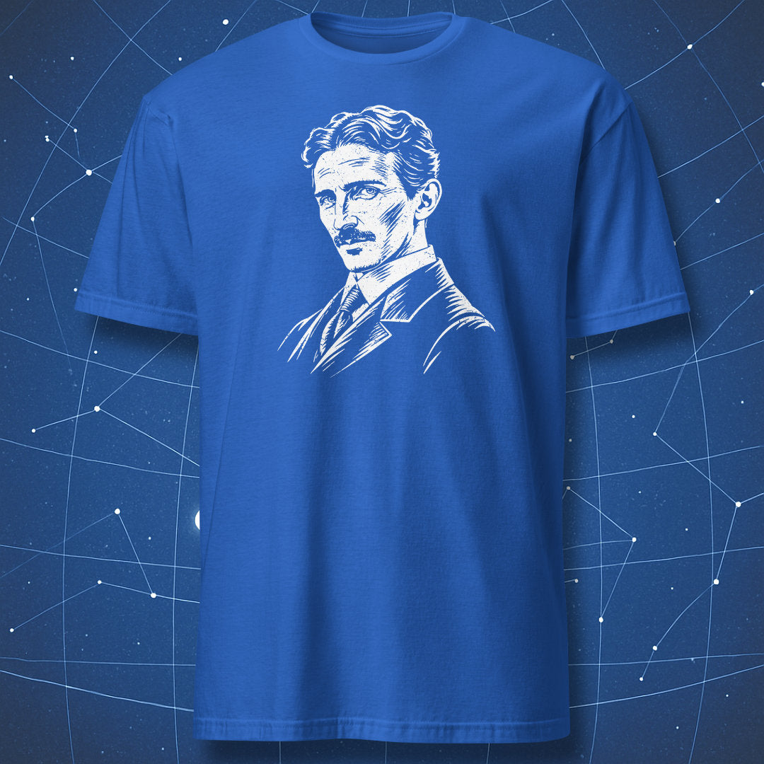 Royal blue T-shirt with a white portrait of Nikola Tesla on the chest
