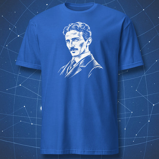Royal blue T-shirt with a white portrait of Nikola Tesla on the chest