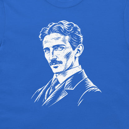 Close-up of the white Nikola Tesla portrait on a royal blue T-shirt