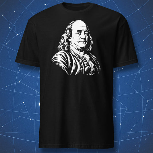 Black T-shirt with a white engraved portrait of Benjamin Franklin