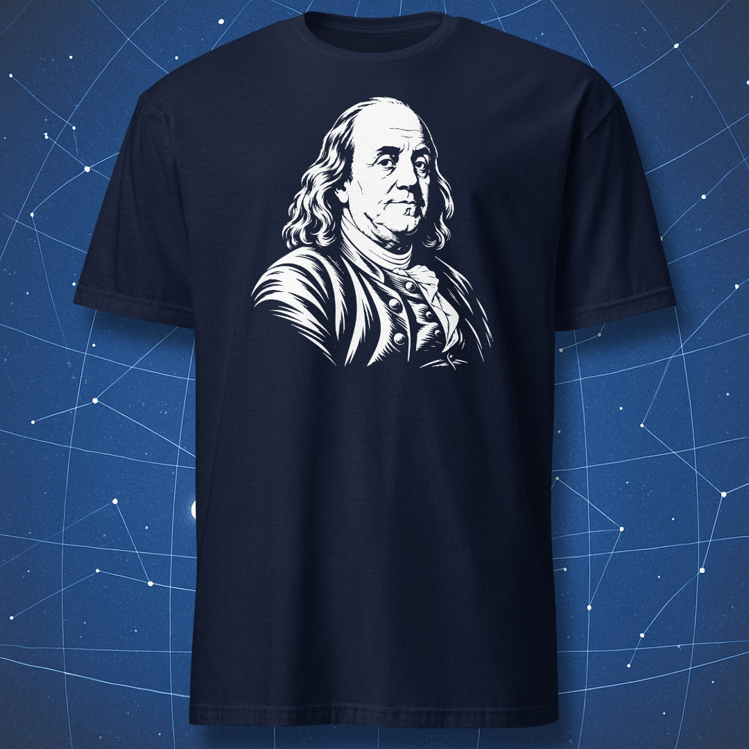 Navy T-shirt with a white engraved portrait of Benjamin Franklin
