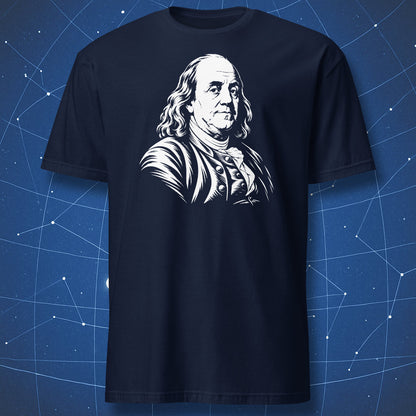 Navy T-shirt with a white engraved portrait of Benjamin Franklin