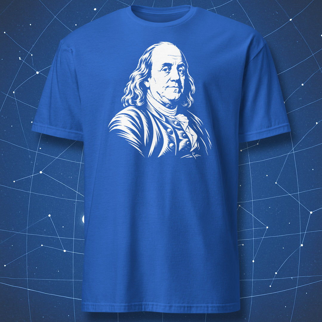 Royal blue T-shirt with a white engraved portrait of Benjamin Franklin