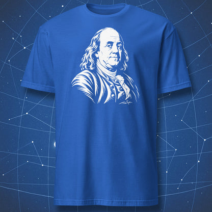 Royal blue T-shirt with a white engraved portrait of Benjamin Franklin