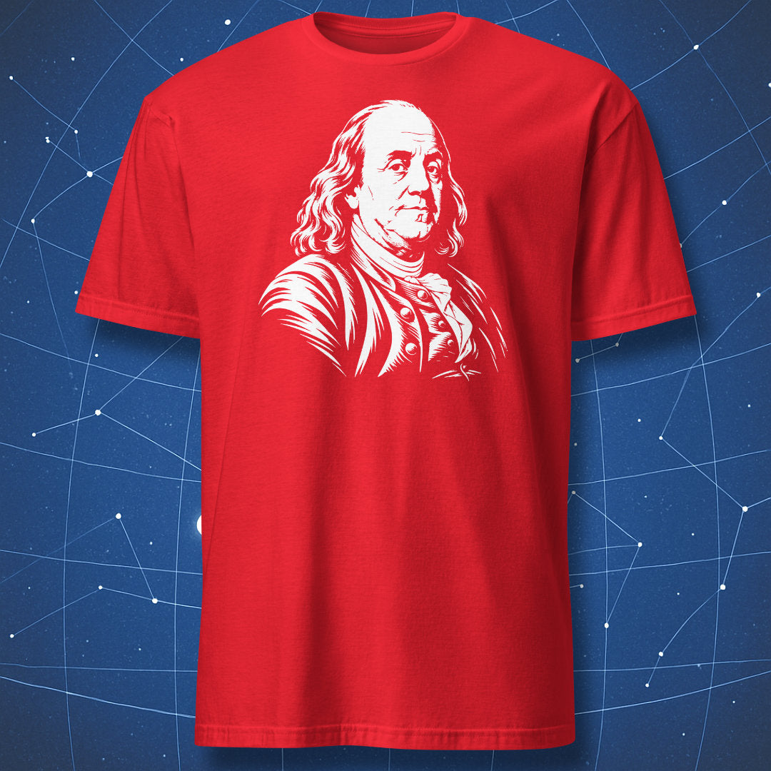 Red T-shirt with a white engraved portrait of Benjamin Franklin