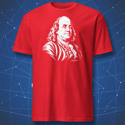 Red T-shirt with a white engraved portrait of Benjamin Franklin