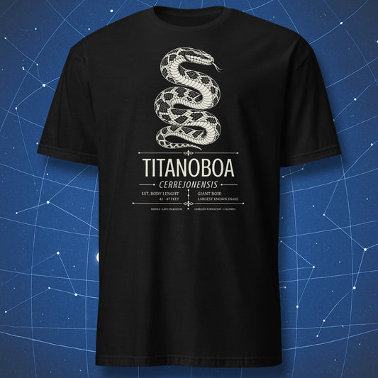 Black T-shirt with Titanoboa cerrrejonensis prehistoric giant snake scientific design