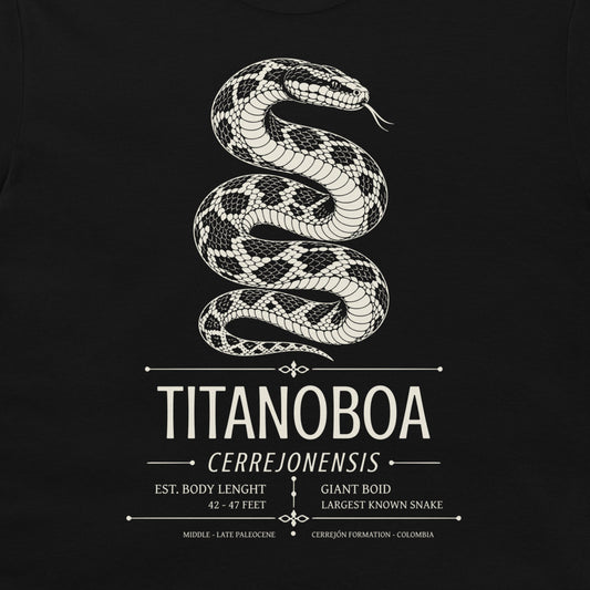 Titanoboa cerrrejonensis giant snake illustration and Paleocene facts on black T-shirt