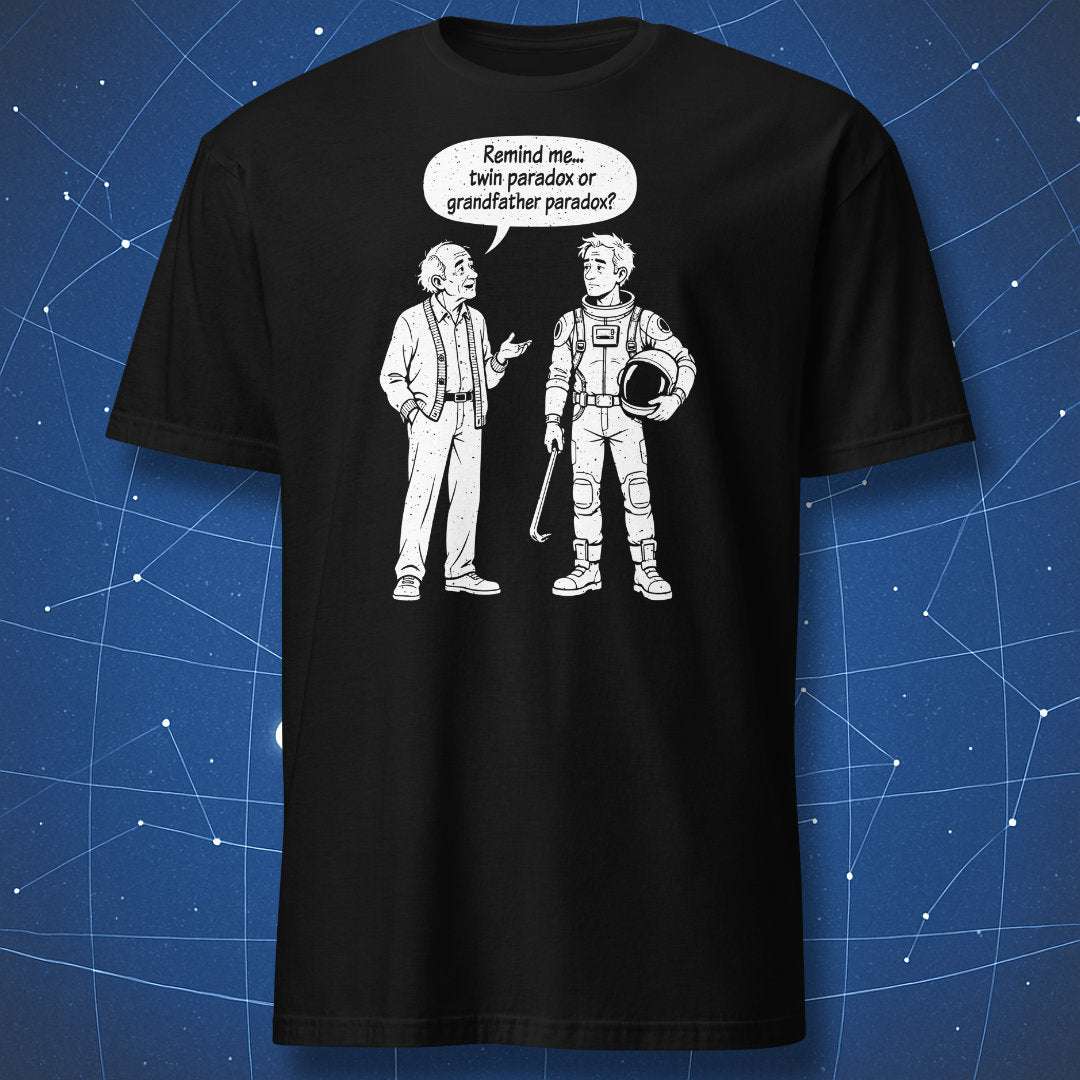 Black Which Paradox? T-shirt with an old man and a futuristic traveler holding a helmet and crowbar.