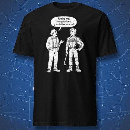Black Which Paradox? T-shirt with an old man and a futuristic traveler holding a helmet and crowbar.