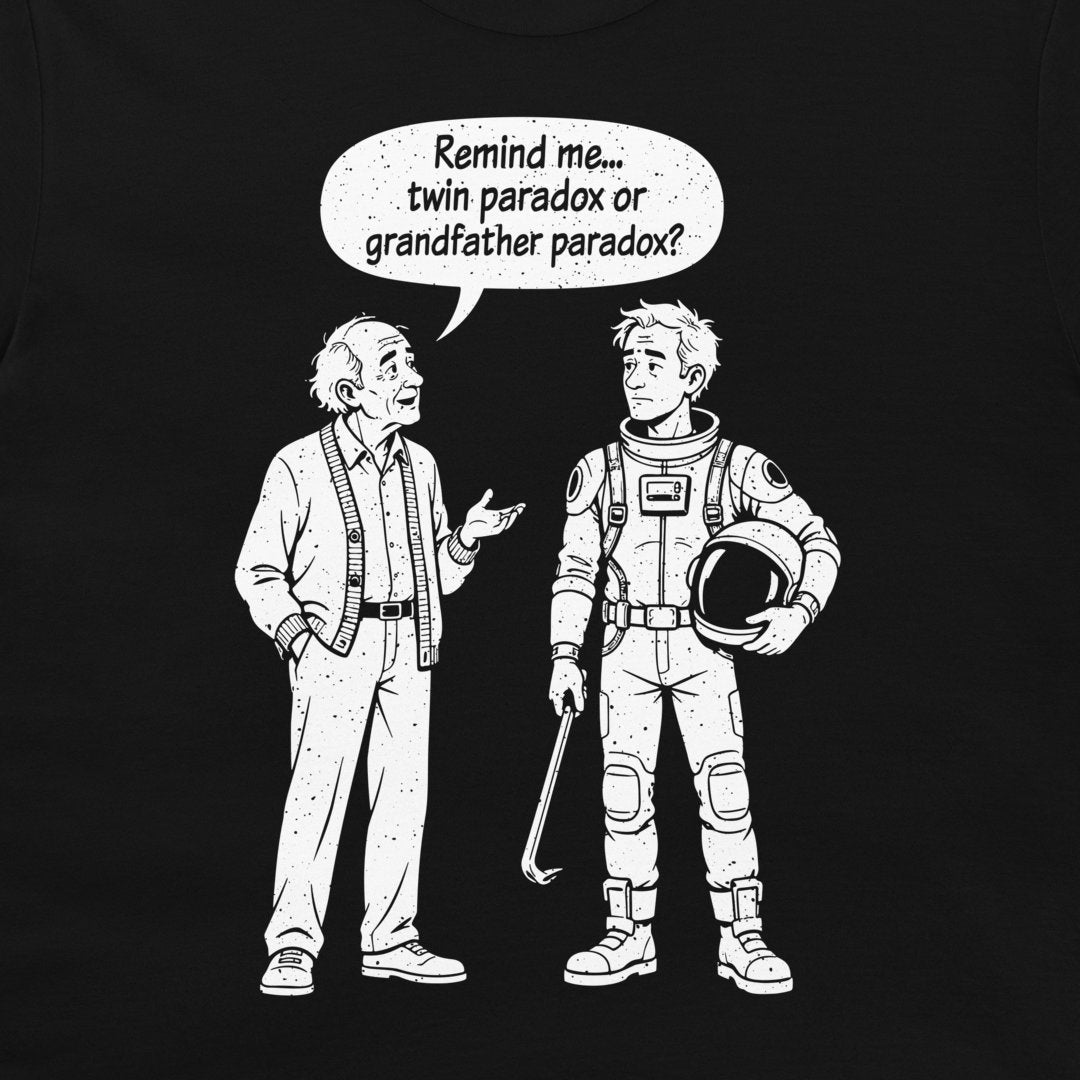 Close-up of the twin and grandfather paradox cartoon on a black T-shirt, with an old man and a traveler holding a crowbar.