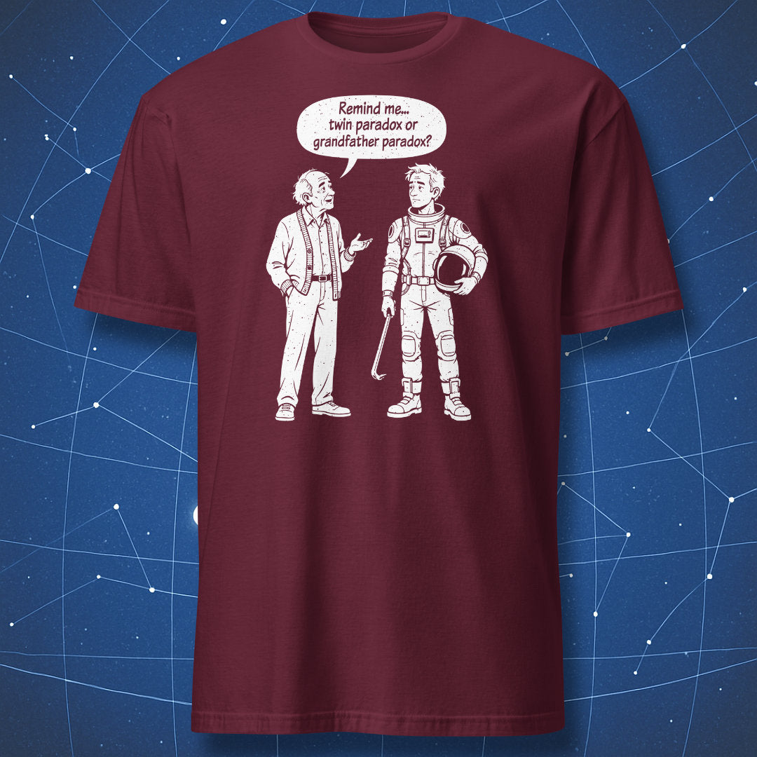 Maroon Which Paradox? T-shirt with an old man and a futuristic traveler holding a helmet and crowbar.