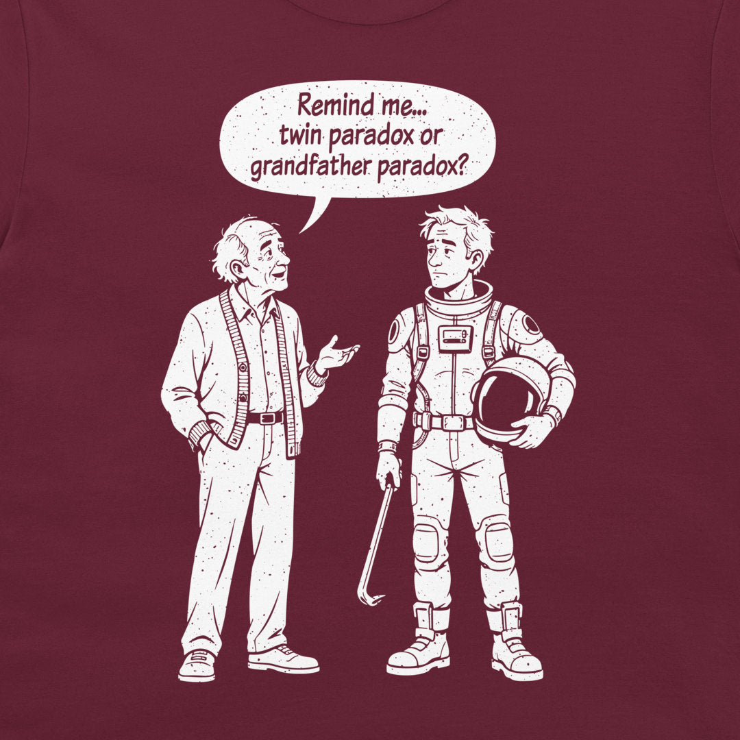 Close-up of the twin and grandfather paradox cartoon on a maroon T-shirt, with an old man and a traveler holding a crowbar.