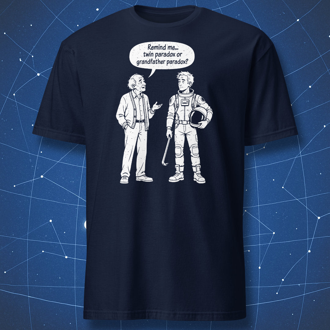 Navy Which Paradox? T-shirt with an old man and a futuristic traveler holding a helmet and crowbar.