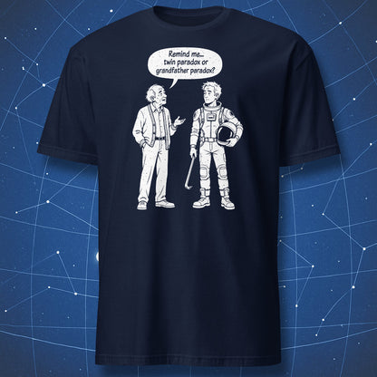 Navy Which Paradox? T-shirt with an old man and a futuristic traveler holding a helmet and crowbar.
