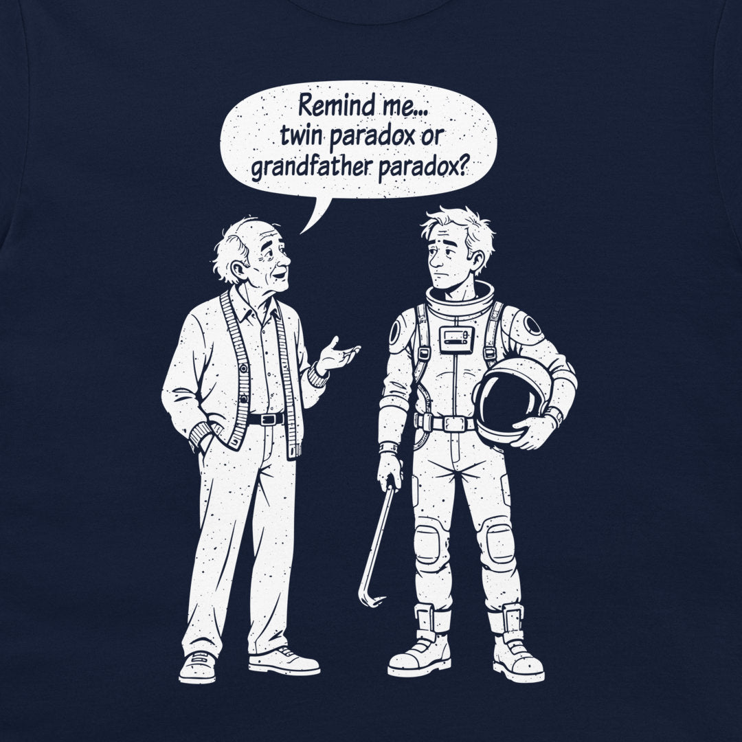 Close-up of the twin and grandfather paradox cartoon on a navy T-shirt, with an old man and a traveler holding a crowbar.