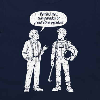 Close-up of the twin and grandfather paradox cartoon on a navy T-shirt, with an old man and a traveler holding a crowbar.