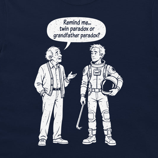 Close-up of the twin and grandfather paradox cartoon on a navy T-shirt, with an old man and a traveler holding a crowbar.