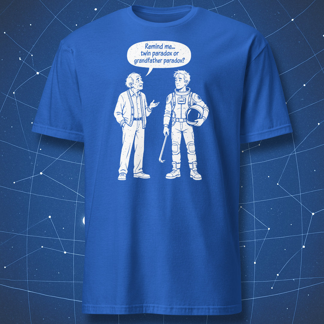 Royal blue Which Paradox? T-shirt with an old man and a futuristic traveler holding a helmet and crowbar.