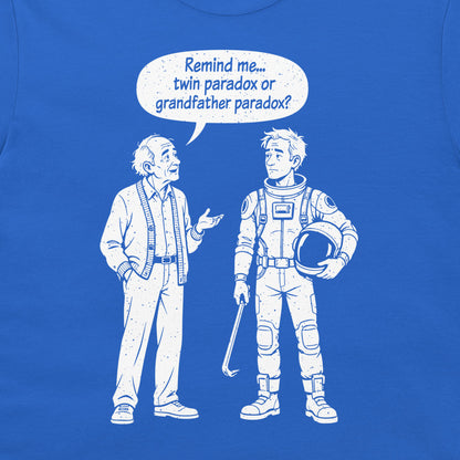 Close-up of the twin and grandfather paradox cartoon on a royal blue T-shirt, with an old man and a traveler with a crowbar.
