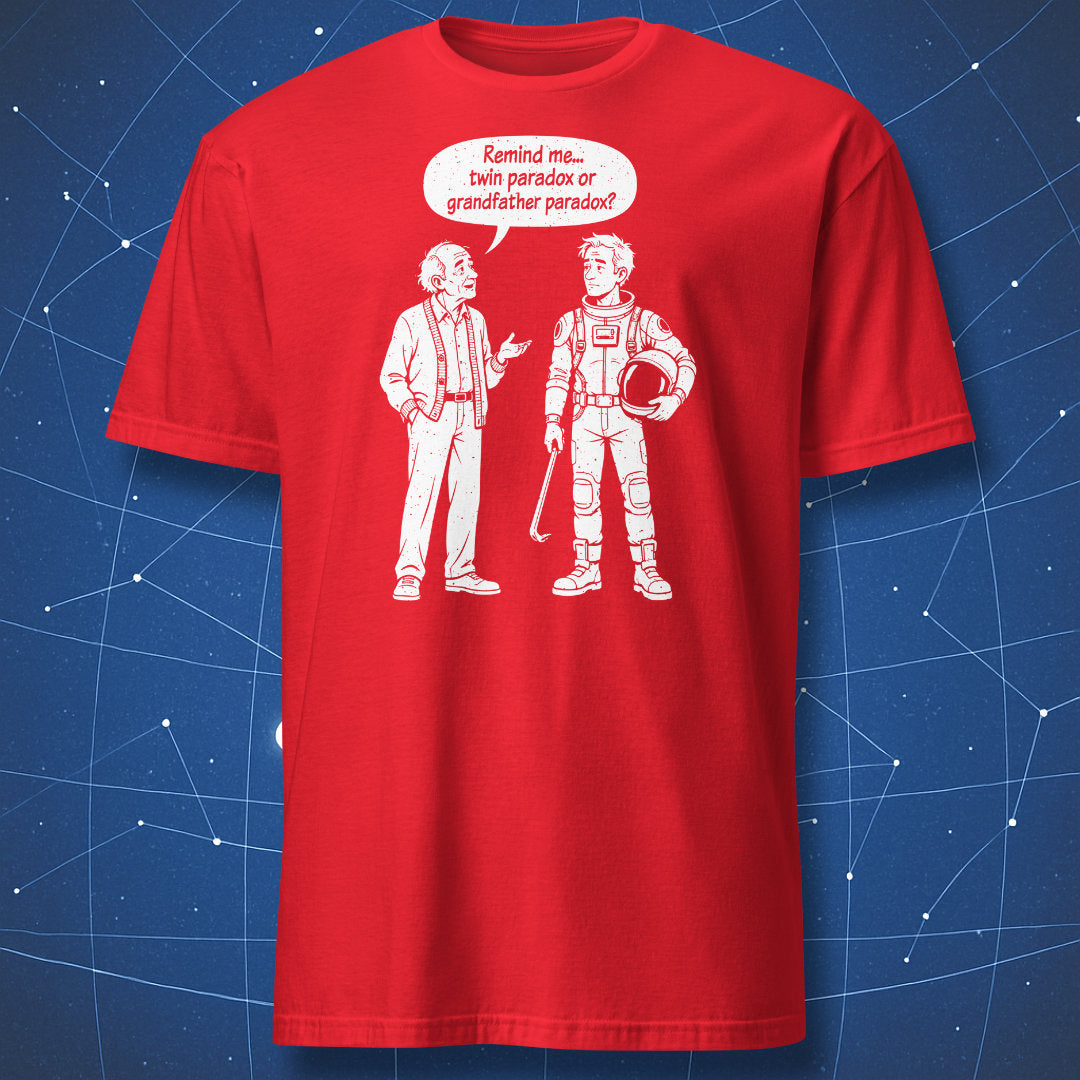 Red Which Paradox? T-shirt with an old man and a futuristic traveler holding a helmet and crowbar.
