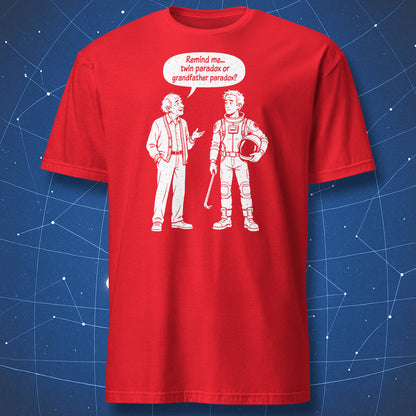 Red Which Paradox? T-shirt with an old man and a futuristic traveler holding a helmet and crowbar.