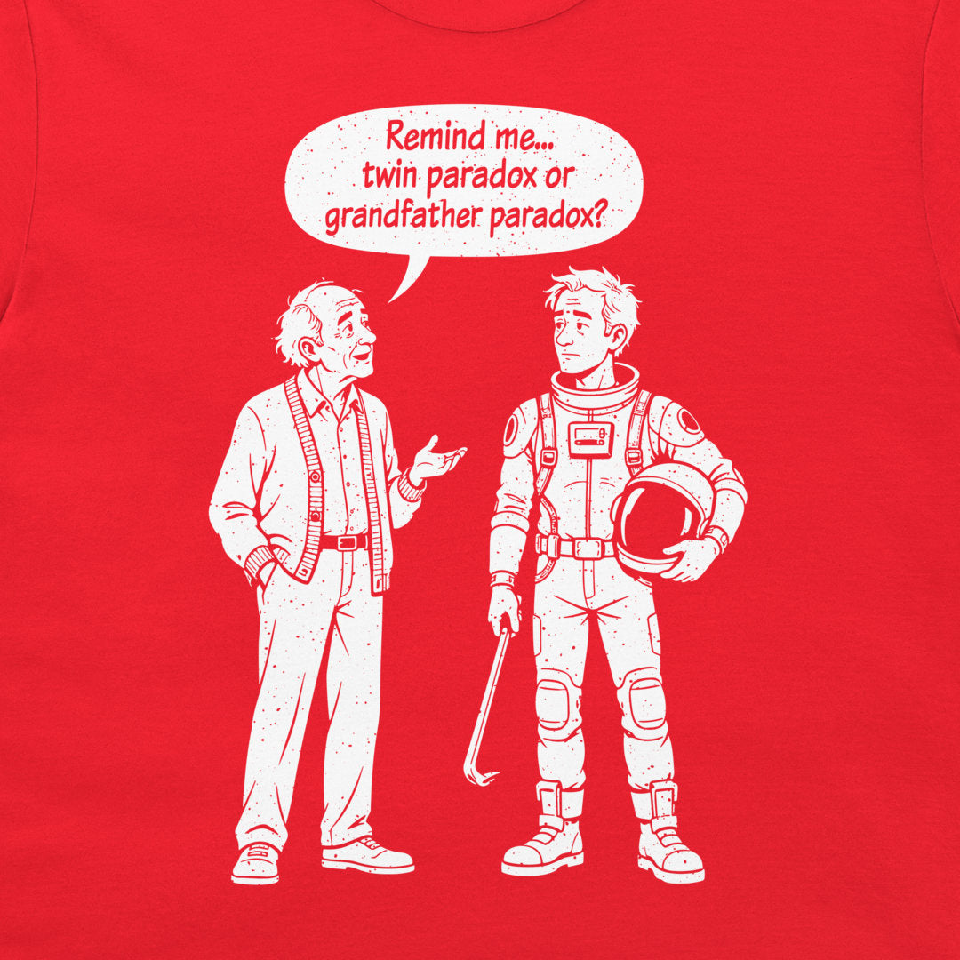 Close-up of the twin and grandfather paradox cartoon on a red T-shirt, with an old man and a traveler holding a crowbar.