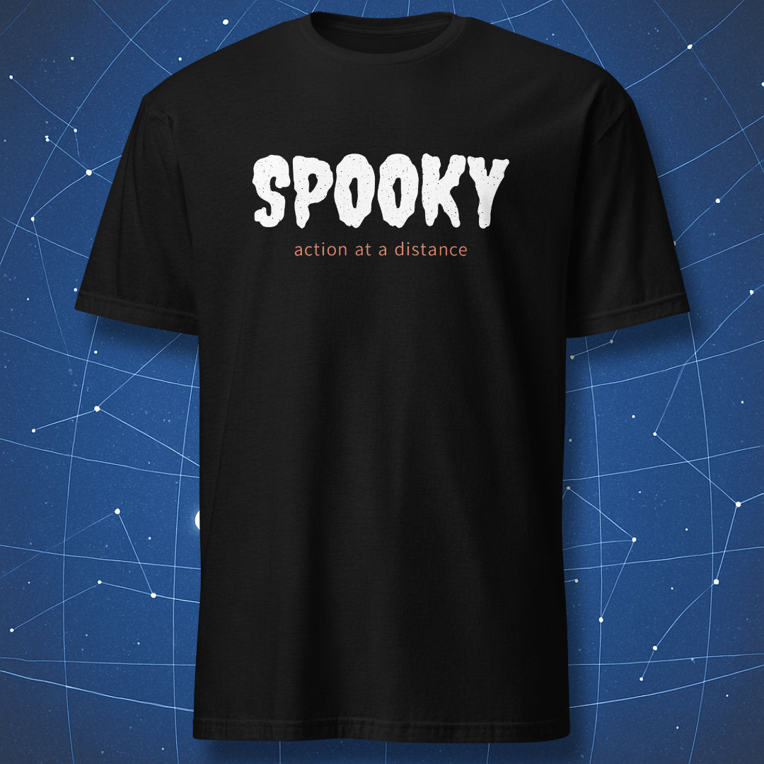Black T-shirt with white SPOOKY lettering and orange action at a distance text on a blue background.