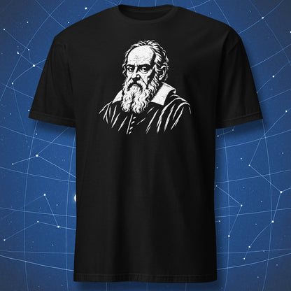 Black T-shirt with a white engraved portrait of Galileo Galilei.