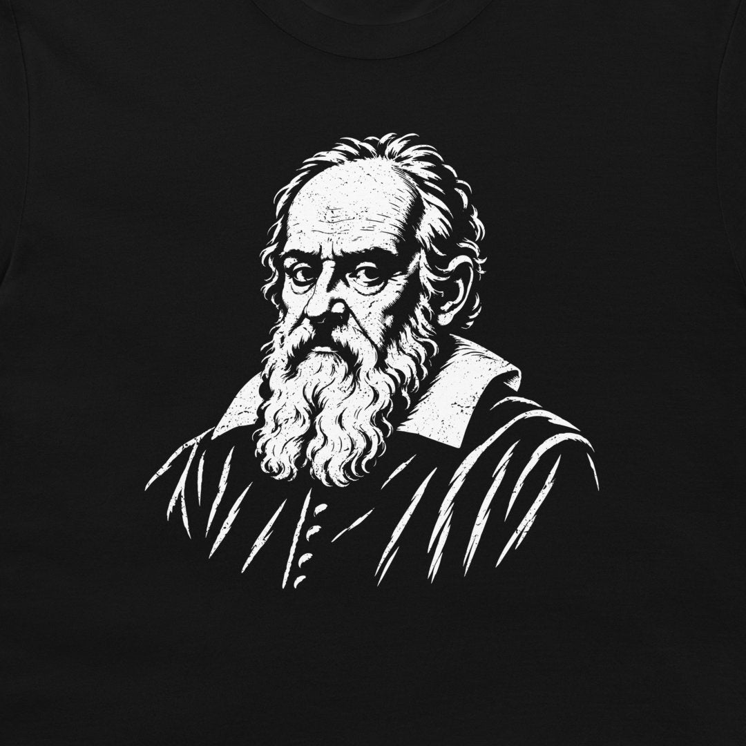 Close-up of the Galileo Galilei portrait printed in white on a black T-shirt.