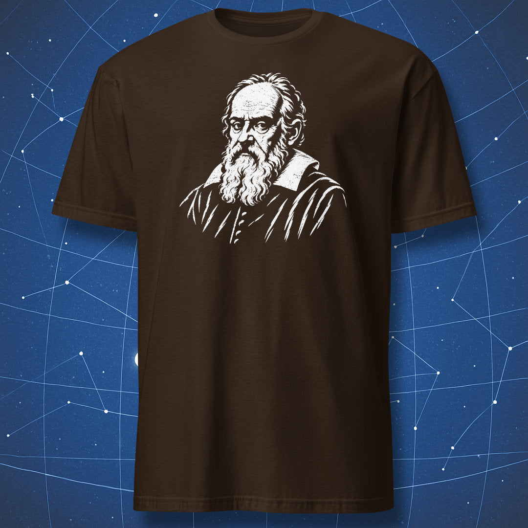 Dark chocolate T-shirt with a white engraved portrait of Galileo Galilei.