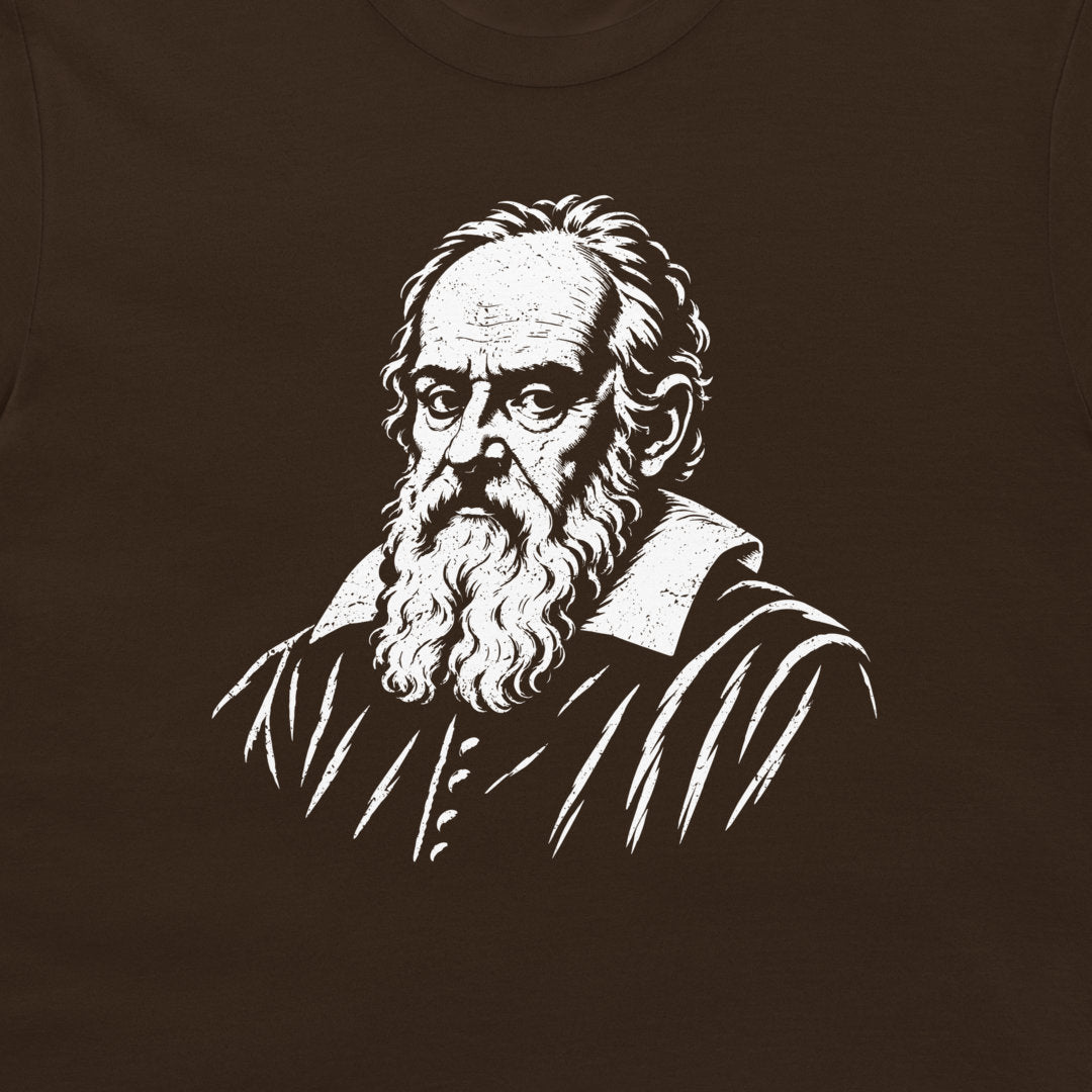 Close-up of the Galileo Galilei portrait on a dark chocolate T-shirt.