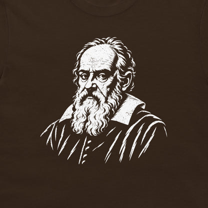 Close-up of the Galileo Galilei portrait on a dark chocolate T-shirt.