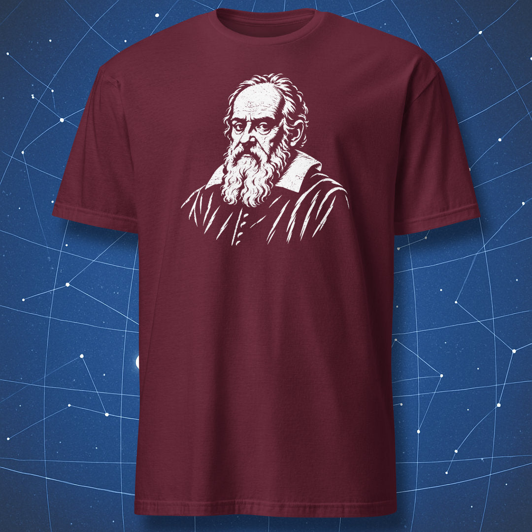 Maroon T-shirt featuring a white Galileo Galilei portrait.