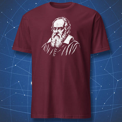 Maroon T-shirt featuring a white Galileo Galilei portrait.