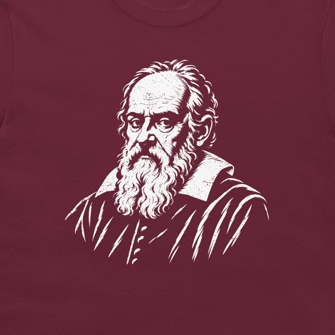 Close-up of the white Galileo Galilei portrait on a maroon T-shirt.