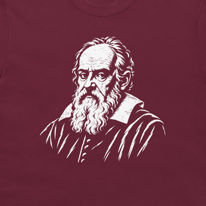 Close-up of the white Galileo Galilei portrait on a maroon T-shirt.