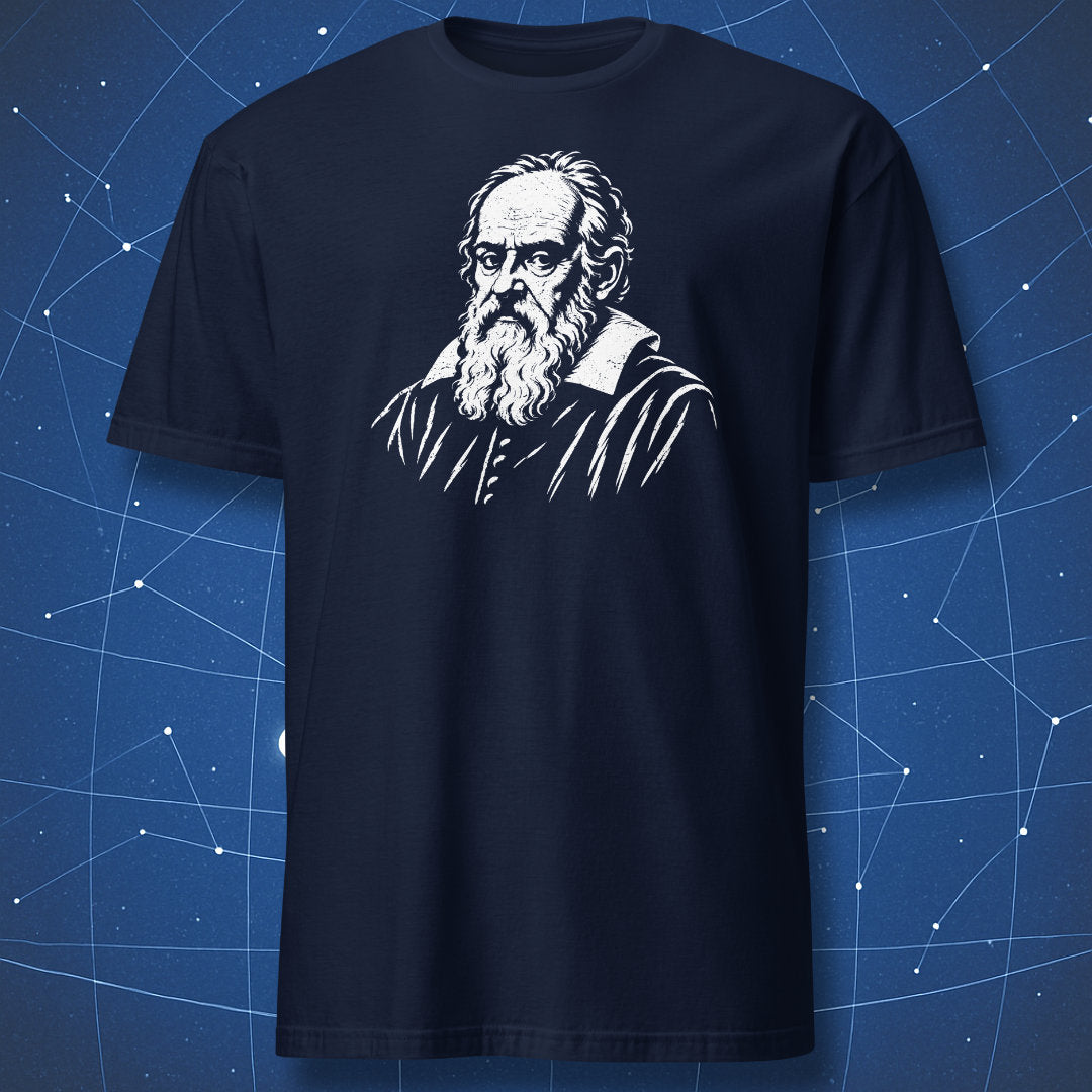 Navy T-shirt featuring a white Galileo Galilei portrait.