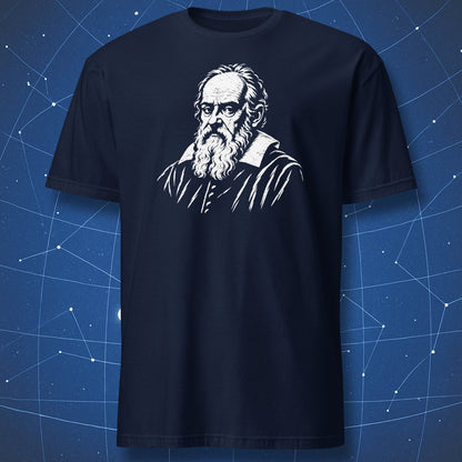 Navy T-shirt featuring a white Galileo Galilei portrait.