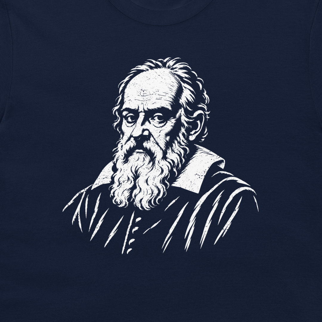 Close-up of the white Galileo Galilei portrait on a navy T-shirt.