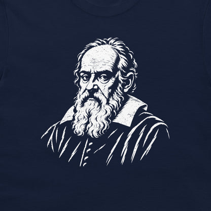 Close-up of the white Galileo Galilei portrait on a navy T-shirt.